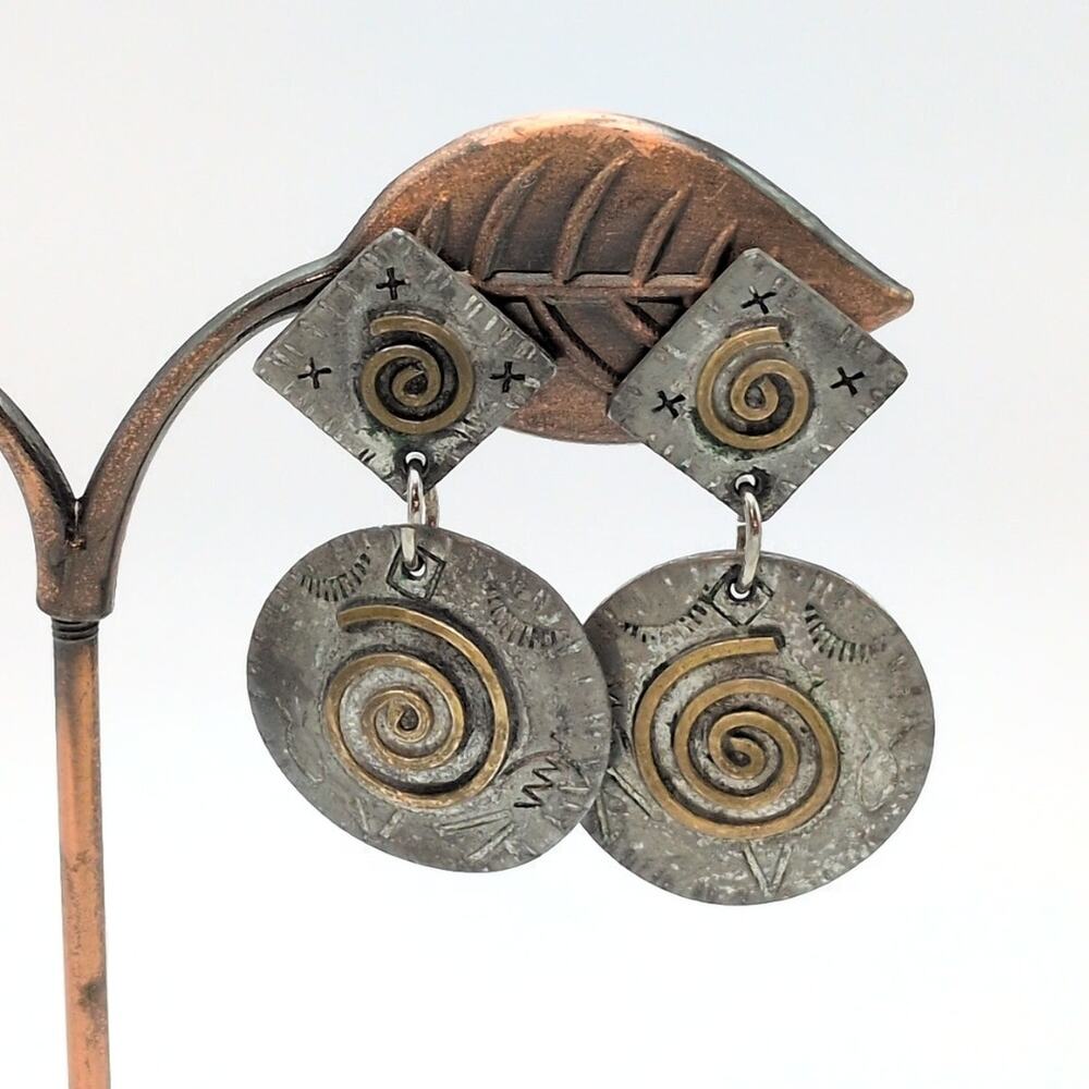 Vintage O. Miller Artisan Abstract Swirl Geometric Drop Two-Tone Earrings 1.60in